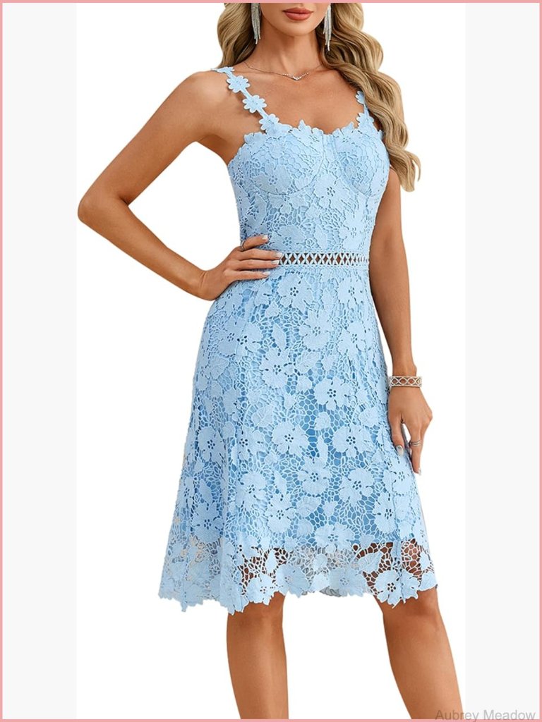 Women's Lace Midi Dress Floral Strap Cocktail Dress For Wedding Guest, Bridal